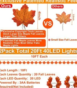 2 Pack Fall Decor Enlarged Maple Leaf Fall Lights Thick Leaf Garlands,Total 20Ft 40LED Lights Battery Operated Waterproof Fall Decorations Home Indoor Outdoor Autumn Thanksgiving Halloween Decor