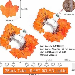 2Pack Fall Decor Total 16.4FT 50LED Maple Leaves String Lights Battery Operated,Fall Thanksgiving Halloween Decorations for Home,Fall Garland with Lights Decor for Indoor Outdoor Party Autumn Harvest