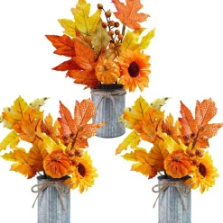 3 Pack Fall Faux Potted Plants with Pumpkins, Sunflowers & Maple Leaves, Rustic Artificial Thanksgiving Harvest Floral Arrangements in Metal Pots for Autumn Table Centerpieces, Mantel, Kitchen & Home Decor