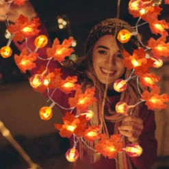 3 Pack Fall Garland with Pumpkin Lights & Enlarged Maple Fall Halloween String Lights Pumpkin Decor, 30Ft 60LED Waterproof Battery Operated Fall Decorations for Home Thanksgiving Decor Indoor Outdoor