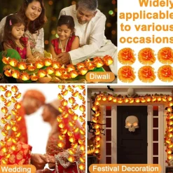 6-Pack 5FT Artificial Marigold Garland with 10 Warm LED Lights Each, Battery Operated Orange Flower Garlands for Diwali, Pooja, Indian Wedding, Day of the Dead & Party Decor