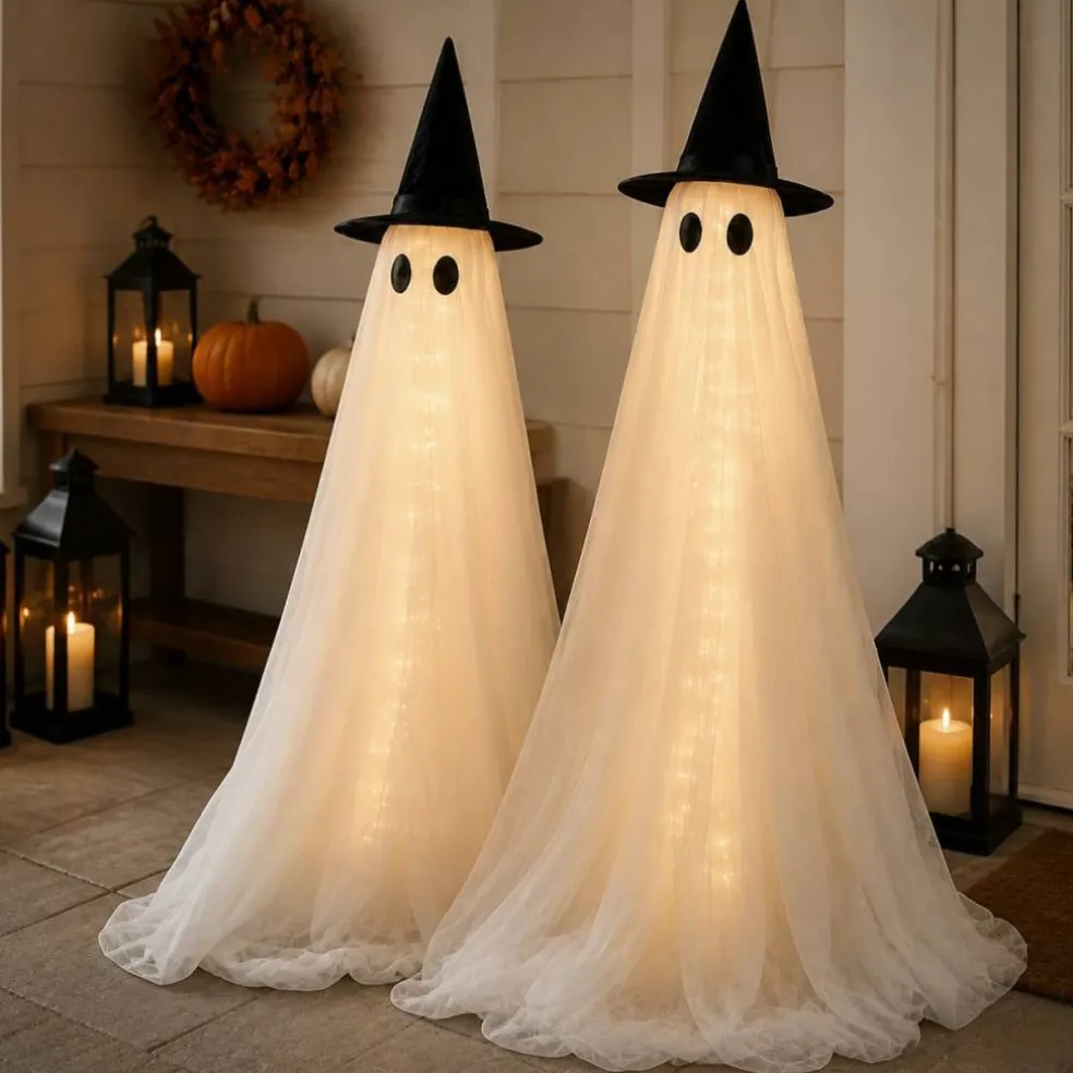 2 Pack 5 Ft Halloween Ghost Decorations Outdoor with Remote Timer, Light Up Glowing Ghosts with 8 Modes, Wind-Resistant Tripod Base & Double-Layer Fabric, Halloween Porch Yard Lawn Garden Decor