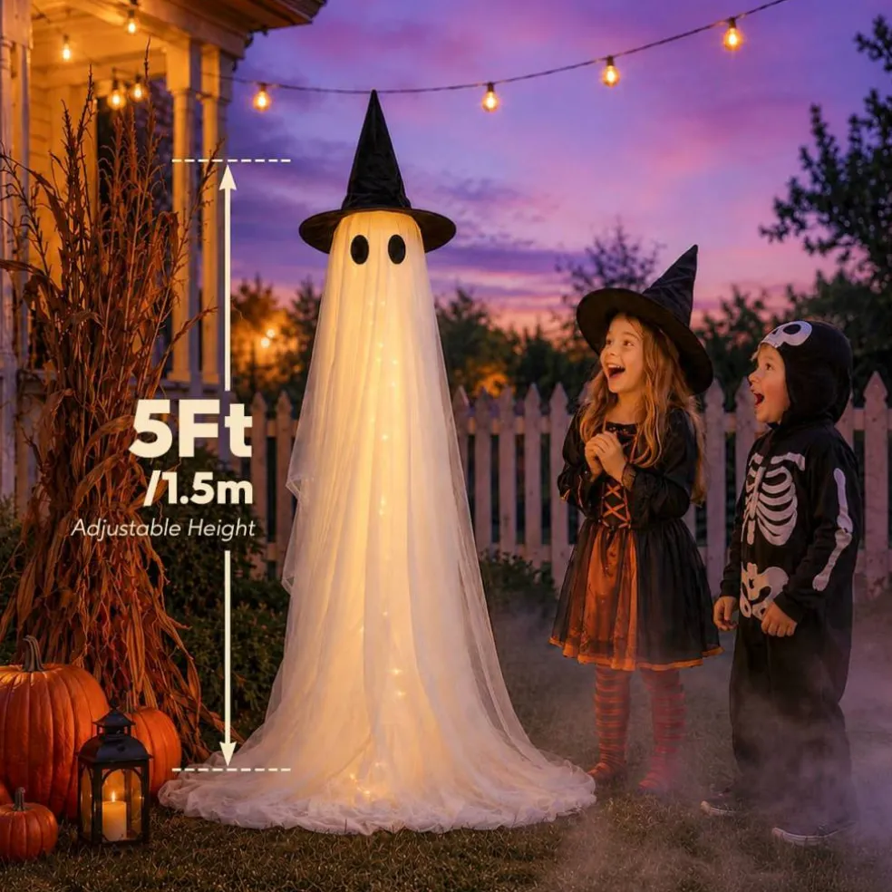 2 Pack 5 Ft Halloween Ghost Decorations Outdoor with Remote Timer, Light Up Glowing Ghosts with 8 Modes, Wind-Resistant Tripod Base & Double-Layer Fabric, Halloween Porch Yard Lawn Garden Decor