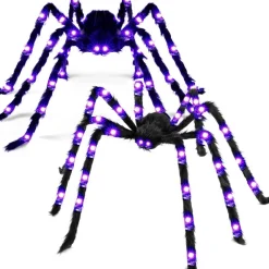 2 Pack 5 Ft Halloween Light Up Spider Decorations, Giant Black Spider with Purple LED Lights, Furry Adjustable Legs, Large Halloween Yard Props for Lawn Porch Garden Tree Indoor Outdoor Haunted House Decor