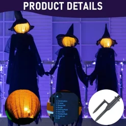 3 Pack 5 Ft Halloween Witches Decorations Outdoor, Light Up Holding Hands Witches with Glowing Faces, 8 Lighting Modes & 6-Hour Timer, Halloween Witch Stakes for Yard Garden Lawn Porch Haunted House