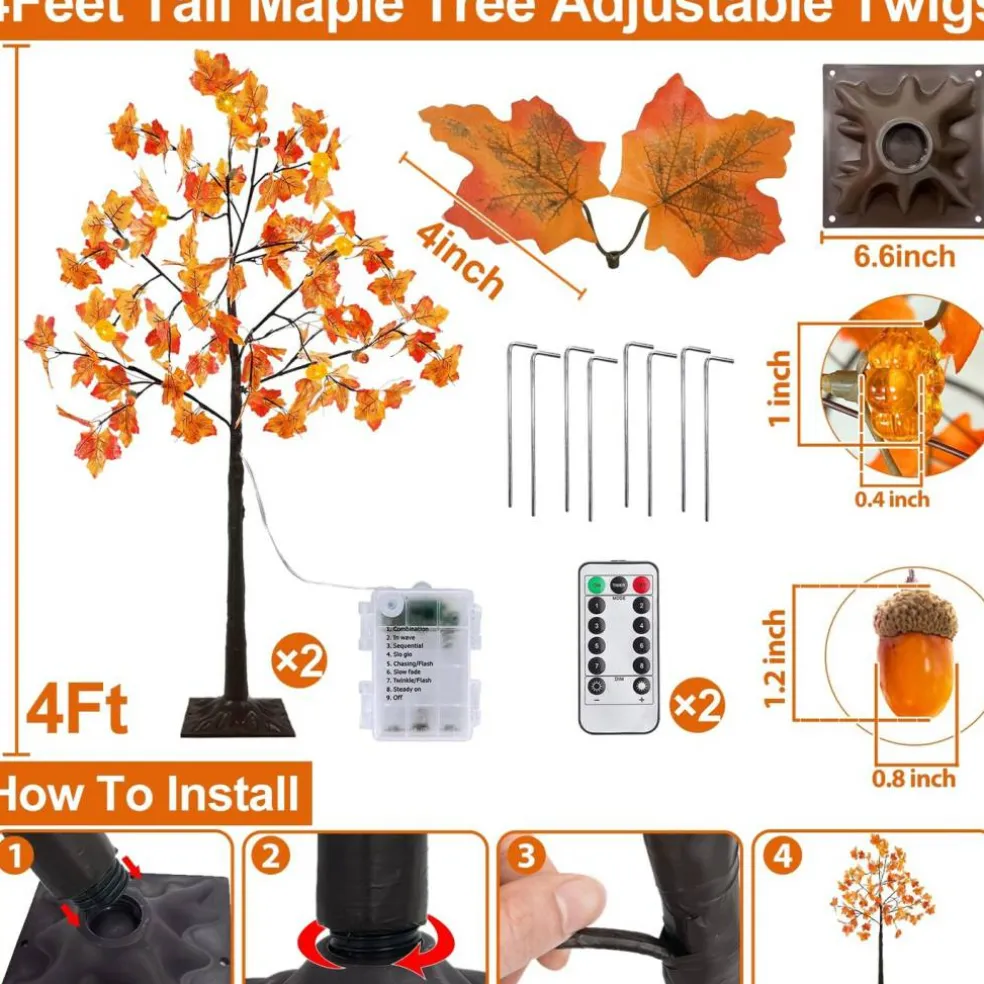 2Pack 4 Ft Prelit Lighted Fall Maple Tree 96LED