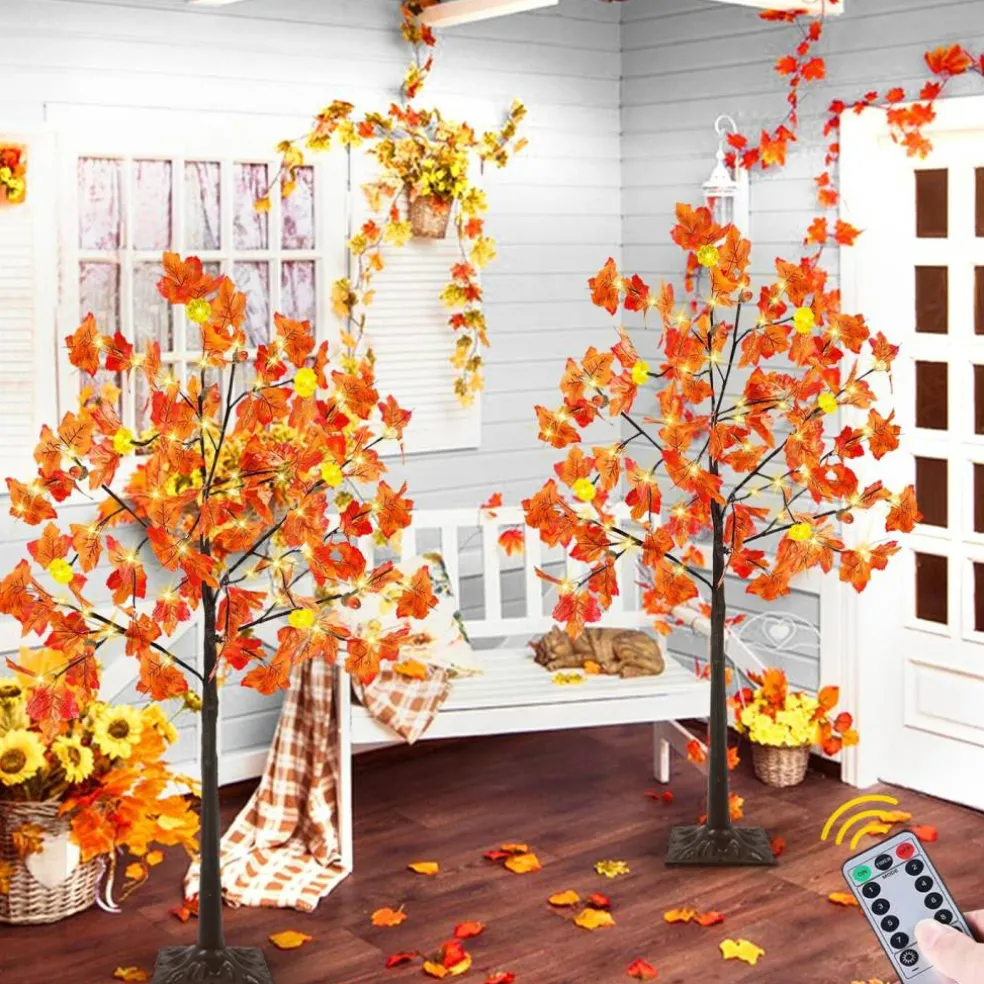 2Pack 4 Ft Prelit Lighted Fall Maple Tree 96LED