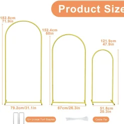3 Pack Gold Metal Arch Backdrop Stand, 3 Sizes Wedding Arched Frame for Party Birthday Decor