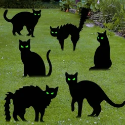 6 Pack Halloween Black Cat Yard Signs with Glowing Eyes, Waterproof Corrugated Plastic Cat Silhouette Lawn Decorations with 12 Stakes for Outdoor Yard, Garden & Party Decor