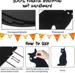 6 Pack Halloween Black Cat Yard Signs with Glowing Eyes, Waterproof Corrugated Plastic Cat Silhouette Lawn Decorations with 12 Stakes for Outdoor Yard, Garden & Party Decor