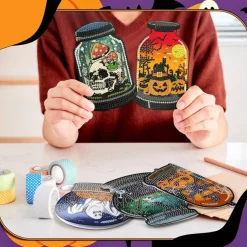 12 Pack Halloween Diamond Painting Greeting Cards with Envelopes, DIY 5D Rhinestone Art Cards, Bat, Black Cat, Pumpkin & Skull Designs, Halloween Craft Kits for Adults, Family & Friends