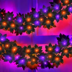 2 Pack Halloween Garland with Lights, 12FT Black Maple Leaf Garland with 52 LED Orange & Purple Lights, Battery Operated Timer Halloween Decorations for Mantel, Fireplace, Table, Stairs, Porch & Party Decor