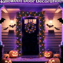2 Pack Halloween Garland with Lights, 12FT Black Maple Leaf Garland with 52 LED Orange & Purple Lights, Battery Operated Timer Halloween Decorations for Mantel, Fireplace, Table, Stairs, Porch & Party Decor