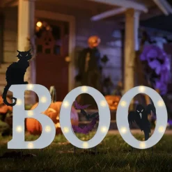 3 Pack Halloween Solar Yard Decorations, Light Up BOO Signs with Bats, Cat & Ghost, Waterproof Metal Lawn Stakes, Solar Powered Outdoor Halloween Decorations for Front Yard, Porch, Garden & Party