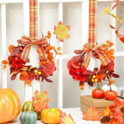 4 Pack 9 Inch Fall Mini Maple Leaf Wreaths with Berries and Rustic Bow, Thanksgiving Cabinet Decor for Farmhouse Kitchen Porch Window