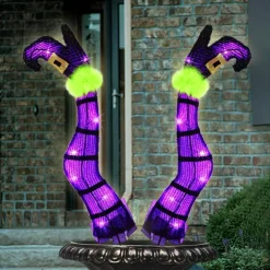 2 Pack 22 Inch Light Up Purple Witch Legs Halloween Yard Stakes, LED Tinsel Witch Feet with 8 Lighting Modes & 6-Hour Timer, Battery Operated Outdoor Halloween Decor for Lawn Garden Haunted House
