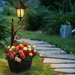 2 Pack 2 in 1 Solar Garden Light with Flower Planter, Vintage Solar Path Lamp for Outdoor Yard Porch Decor