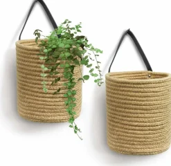 2-Pack Jute Hanging Rope Baskets – Small Boho Woven Wall Planters