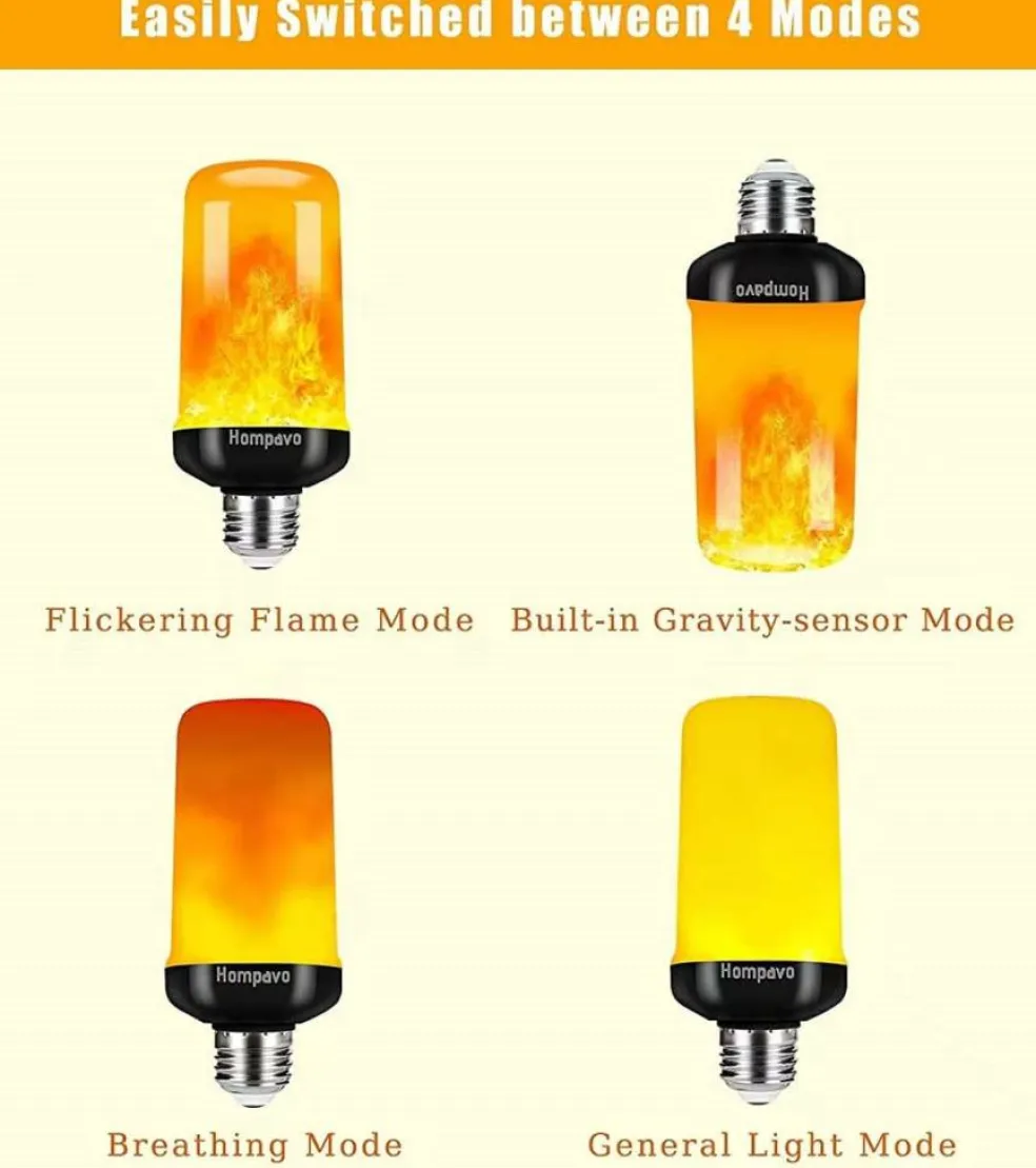 2 Pack LED Flame Light Bulbs - 4 Modes with Upside Down Effect