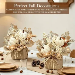 2 Pack Lighted Fall Maple Trees – 11 Inch Tabletop Autumn Decorations with Pumpkins, Pinecones, Berries & LED Lights, Battery Operated with Timer for Thanksgiving, Harvest & Home Decor
