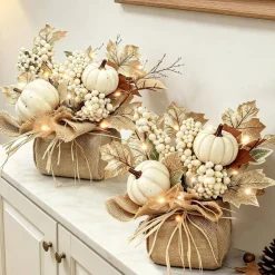 2 Pack Lighted Fall Maple Trees – 11 Inch Tabletop Autumn Decorations with Pumpkins, Pinecones, Berries & LED Lights, Battery Operated with Timer for Thanksgiving, Harvest & Home Decor