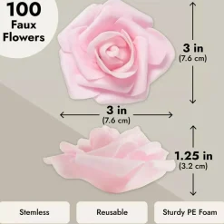 100 Pack Light Pink Artificial Flowers, Bulk Stemless Fake Foam Roses, 3 in