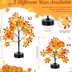 6 Pack Mini Lighted Fall Maple Trees with 68 LED Lights, 4 x 6 Inch & 2 x 8 Inch Artificial Autumn Trees with Bendable Branches for Thanksgiving Table Centerpieces, Harvest, Wedding & Mantel Decor