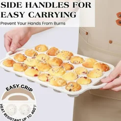 2-Pack Mini Silicone Muffin Pans, 24-Cup Nonstick with Metal Frame & Handles (Cream)
