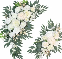 Pack of 2 Artificial Wedding Arch Floral Swags – Hanging Silk Flower Arrangements for Ceremony Arches, Backdrops, Welcome Signs & Party Decor (White)