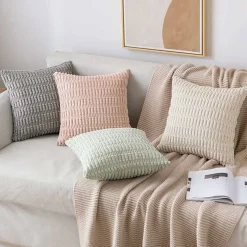 Pack of 2 Corduroy Throw Pillow Covers 18x18 Inch, Soft Striped Decorative Cushion Covers, Modern Farmhouse Pillowcases for Sofa, Couch, Bed, Living Room (Cream White)