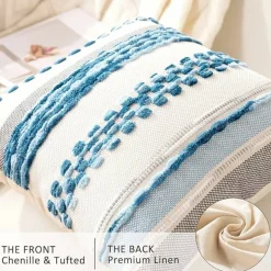 Pack of 2 Sky Blue Chenille Throw Pillow Covers 18 x 18 Inch Farmhouse Striped Decorative Cushion Covers Neutral Accent Pillow Cases for Sofa Couch Bed Living Room