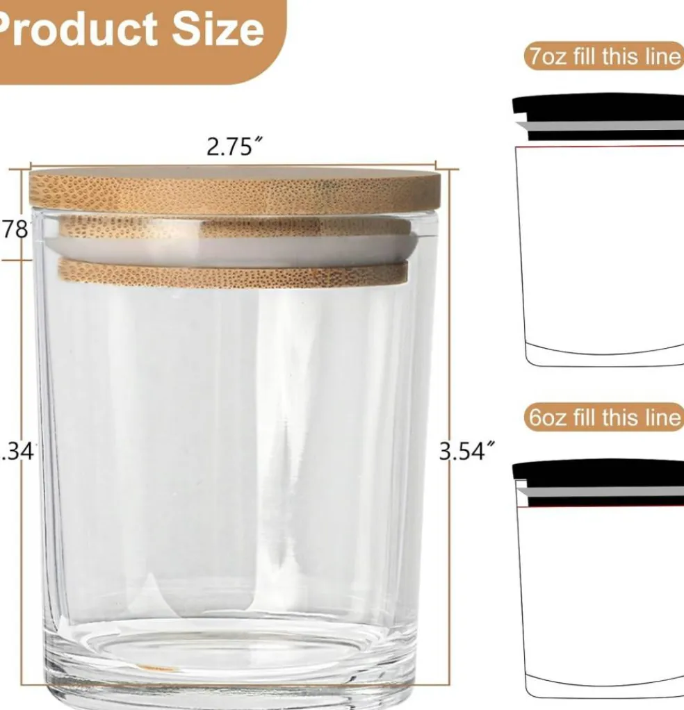 15-Pack 7oz Clear Candle Jars with Bamboo Lids – Thick Glass, Dishwasher Safe, Bulk Set