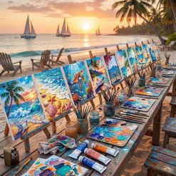 24 Pack Pre-Drawn Canvas Painting Kit for Adults, 8x10 Inch Beach & Nature Sip and Paint Bulk Set with Color Reference Cards, Pre-Printed Canvas Panels for Party, DIY Art & Home Decor