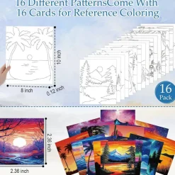 16 Pack Pre-Drawn Sunset Landscape Canvas Painting Kit, 8x10 Inch Sip & Paint DIY Stretched Canvas Set with Color Reference Cards for Adults Beginners, Party, Date Night & Creative Art Projects