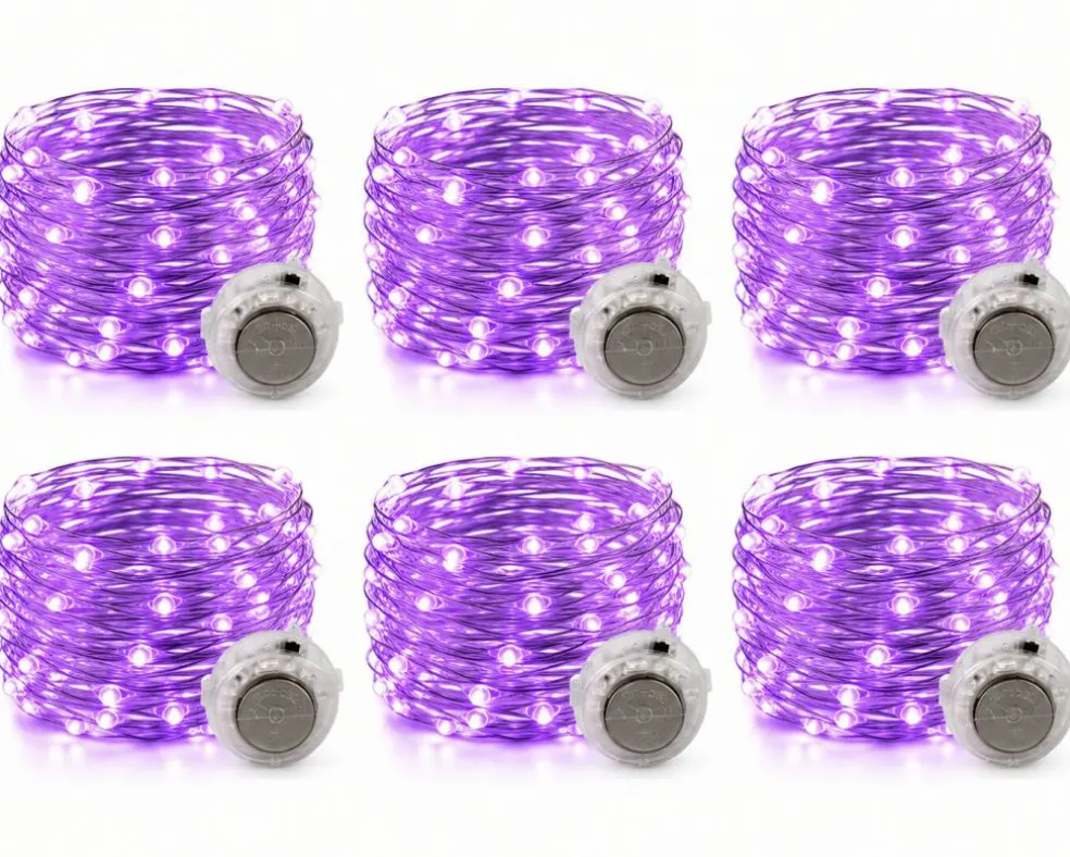 6 Pack Purple Battery Operated Fairy Lights – 30 LED, 10 Ft Silver Wire