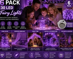 6 Pack Purple Battery Operated Fairy Lights – 30 LED, 10 Ft Silver Wire