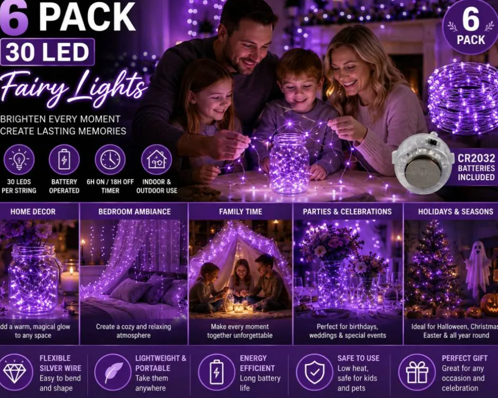 6 Pack Purple Battery Operated Fairy Lights – 30 LED, 10 Ft Silver Wire