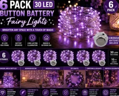 6 Pack Purple Battery Operated Fairy Lights – 30 LED, 10 Ft Silver Wire
