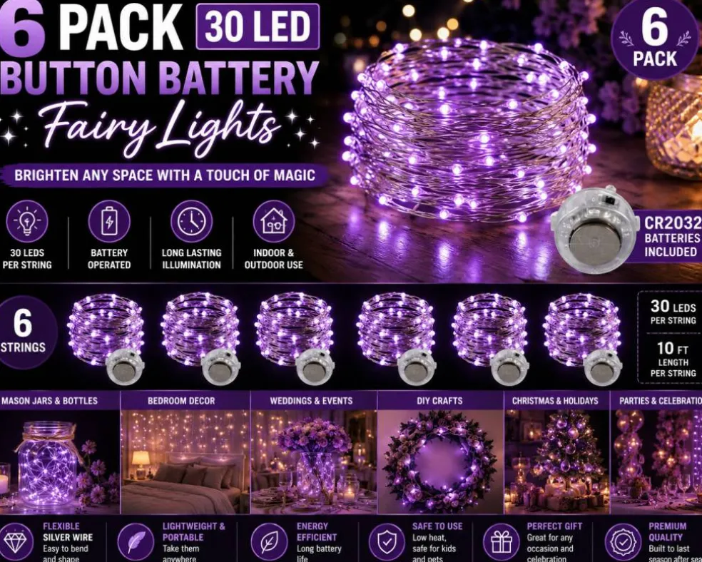 6 Pack Purple Battery Operated Fairy Lights – 30 LED, 10 Ft Silver Wire