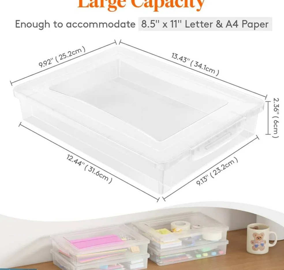 4 Pack 5 Qt Clear Storage Bins with Lids, Stackable Plastic File Boxes with Latching Covers, Document Organizer Containers for Paper, Photos, Crafts, Art Supplies, Office and School Storage
