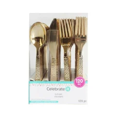 6 Packs: 120 ct. (720 total) Gold Hammered Plastic Cutlery Set by Celebrate It™