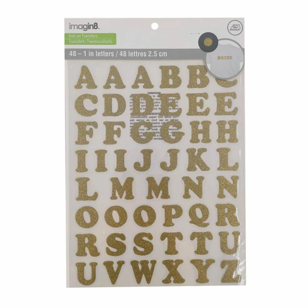 12 Packs: 48 ct. (576 total) 1" Iron-On Gold Glitter Letters by Imagin8™