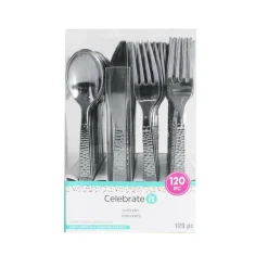 6 Packs: 120 ct. (720 total) Silver Hammered Plastic Cutlery Set by Celebrate It™