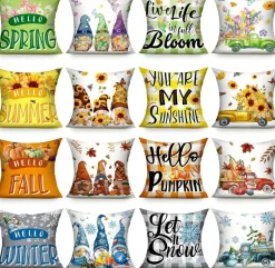 16 Pack Seasonal Pillow Covers 18x18 Inch – Farmhouse Throw Pillow Cases with 4 Seasons Designs (Sunflower, Gnome, Pumpkin, Snowflake) for Couch, Sofa, Bed & Home Decor