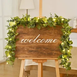 2 Packs 6FT Artificial Eucalyptus Garland with LED Light String, Faux Greenery Garland Hanging Fake Silver Dollar Eucalyptus Leaves Vines for Wedding Backdrop Arch Table Wall Party Home Decor