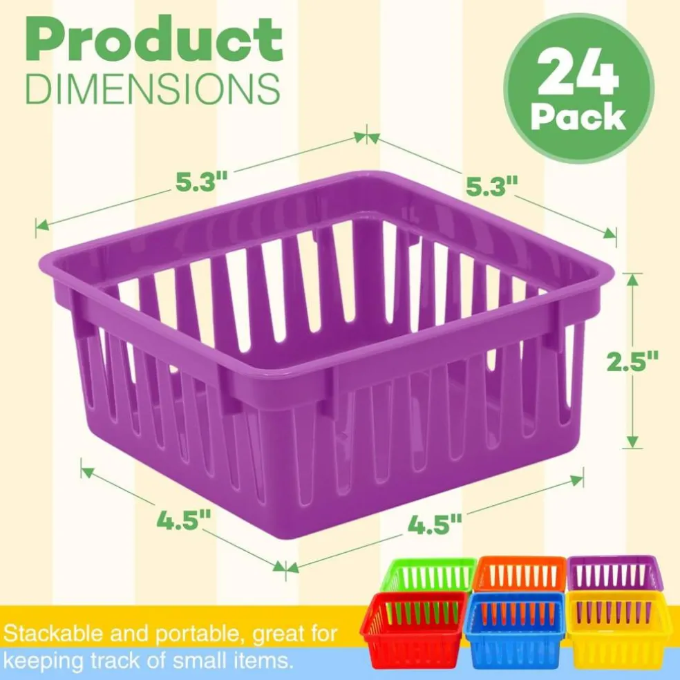 24 Pack Small Classroom Storage Baskets, Pack Bulk, Square 4.5" Sturdy Plastic Colorful Crayon & Pencil Container, Organizer Bins for Desk for Classrooms Supplies, Office, Toy Storage