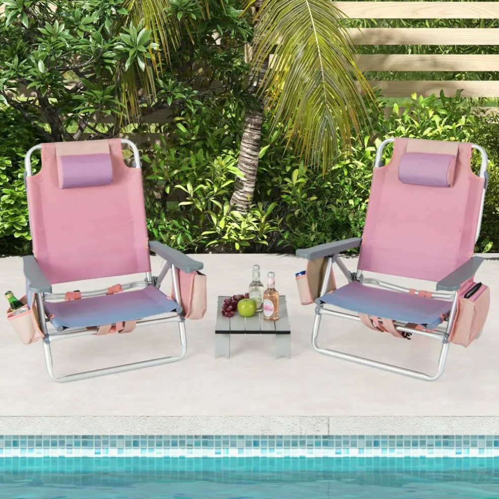 2 Packs 5-Position Recliner Folding Beach Chair Set with Table and Cup Holders Storage Bag