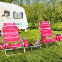 2 Packs 5-Position Recliner Folding Beach Chair Set with Table and Cup Holders Storage Bag