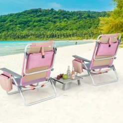 2 Packs 5-Position Recliner Folding Beach Chair Set with Table and Cup Holders Storage Bag