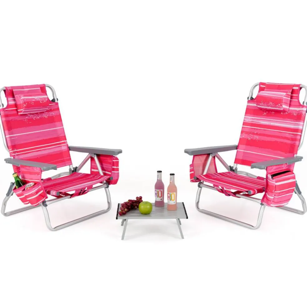 2 Packs 5-Position Recliner Folding Beach Chair Set with Table and Cup Holders Storage Bag